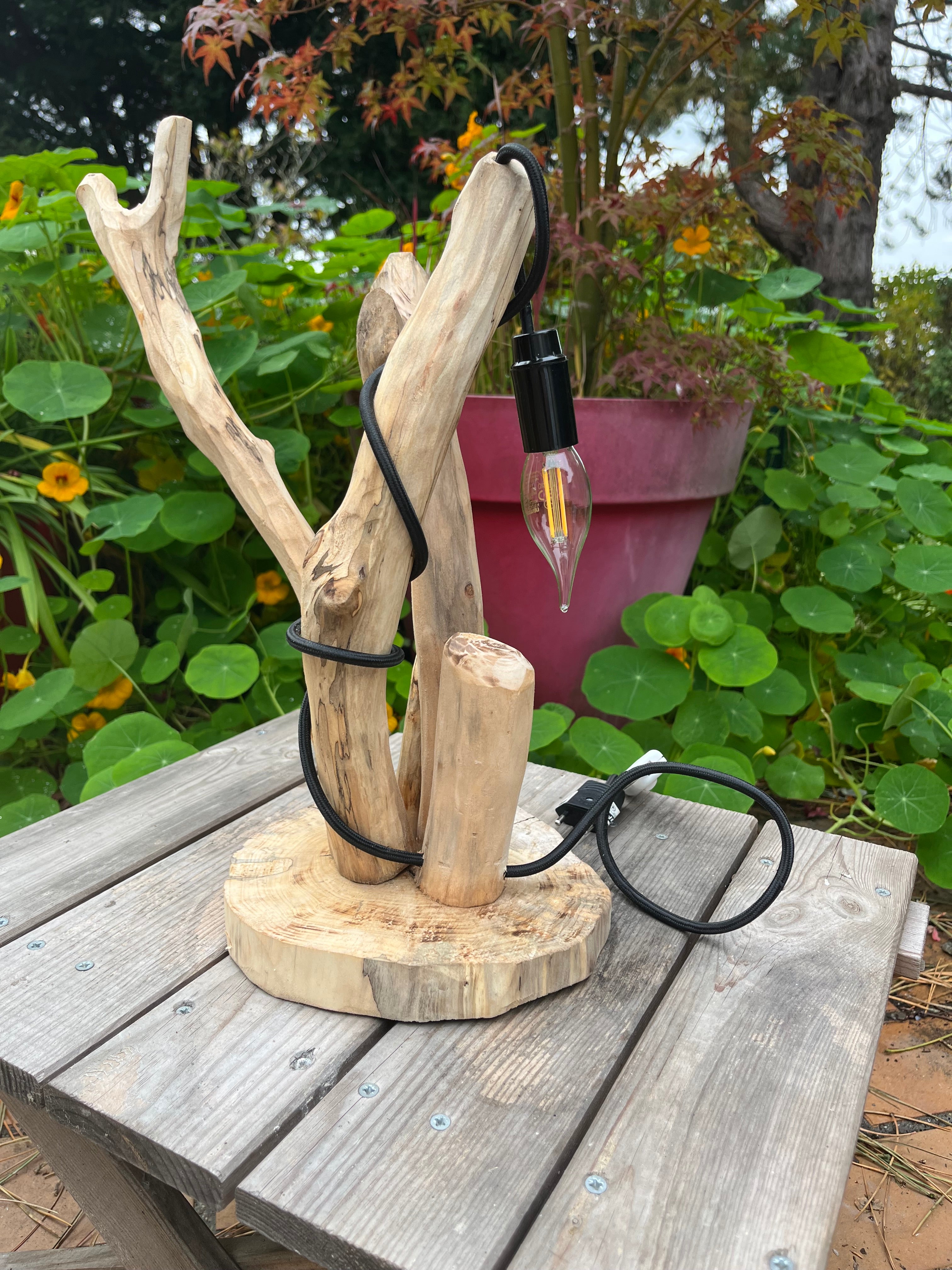 Lampe de chevet bois flotté – Veilleuse naturelle artisanale – Déco chambre bord de mer