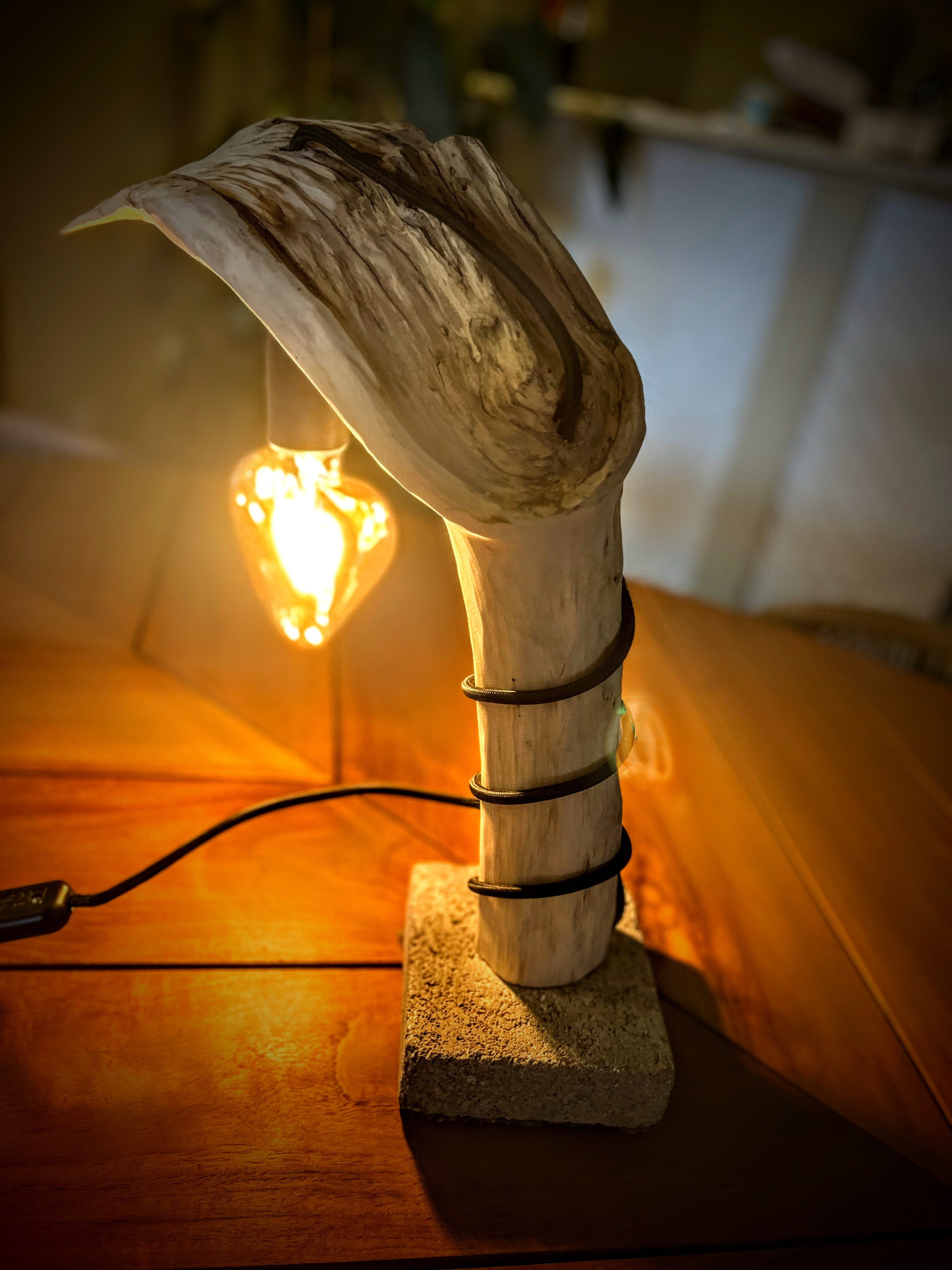 Lampe à poser artisanale en bois naturel – Luminaire design organique – Lampe décorative bohème, création unique