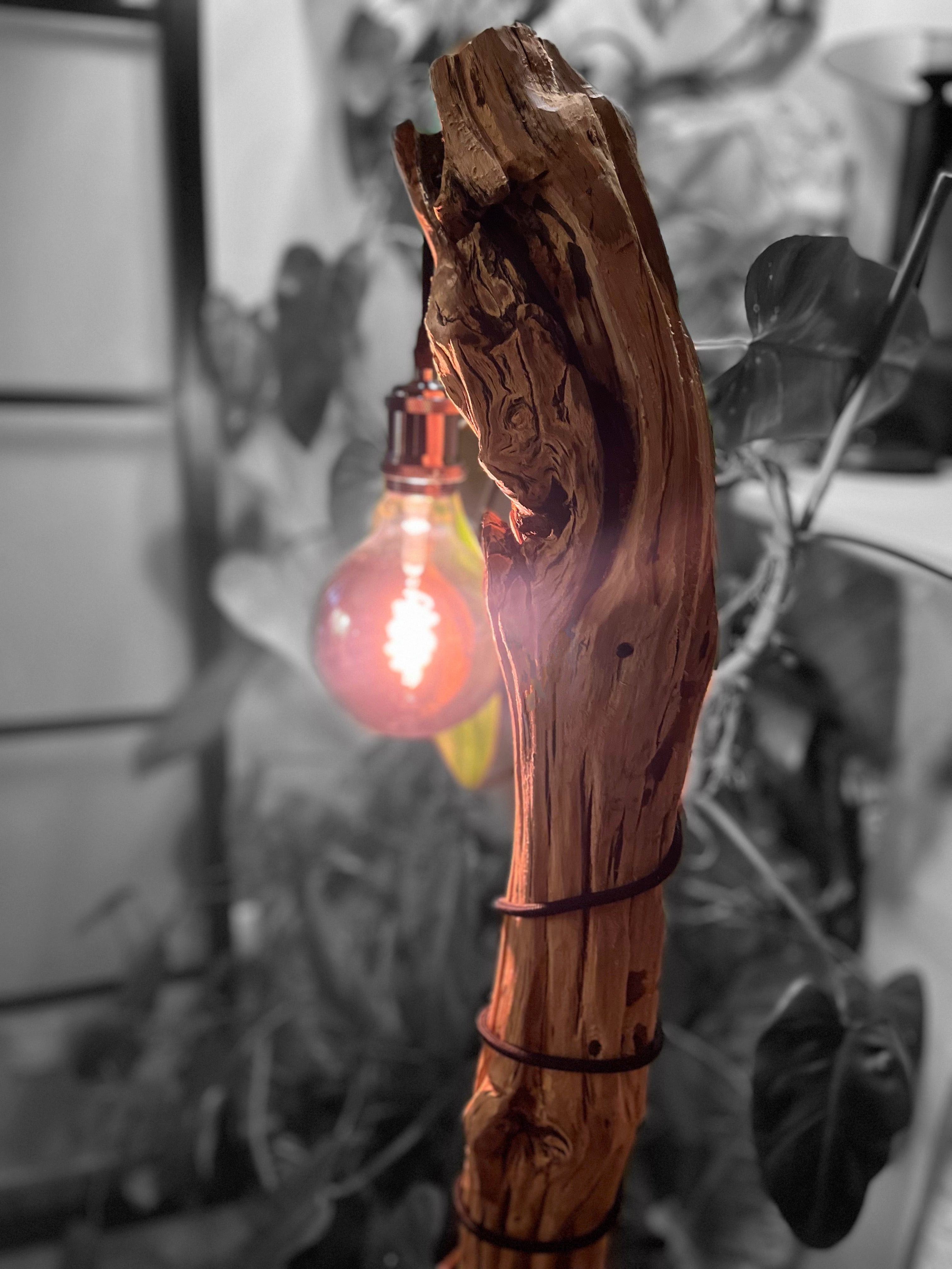 Lampadaire en bois flotté artisanal – Sculpture lumineuse naturelle – Luminaire design bohème chic, pièce unique