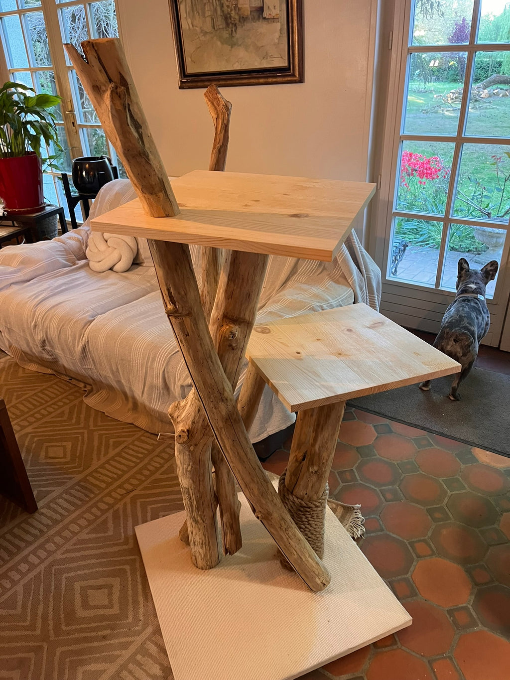 Arbre à Chats Bois 2 à 4 plateaux Fait Main  – Griffoir et Plateformes Douillettes – Mobilier Chat Unique