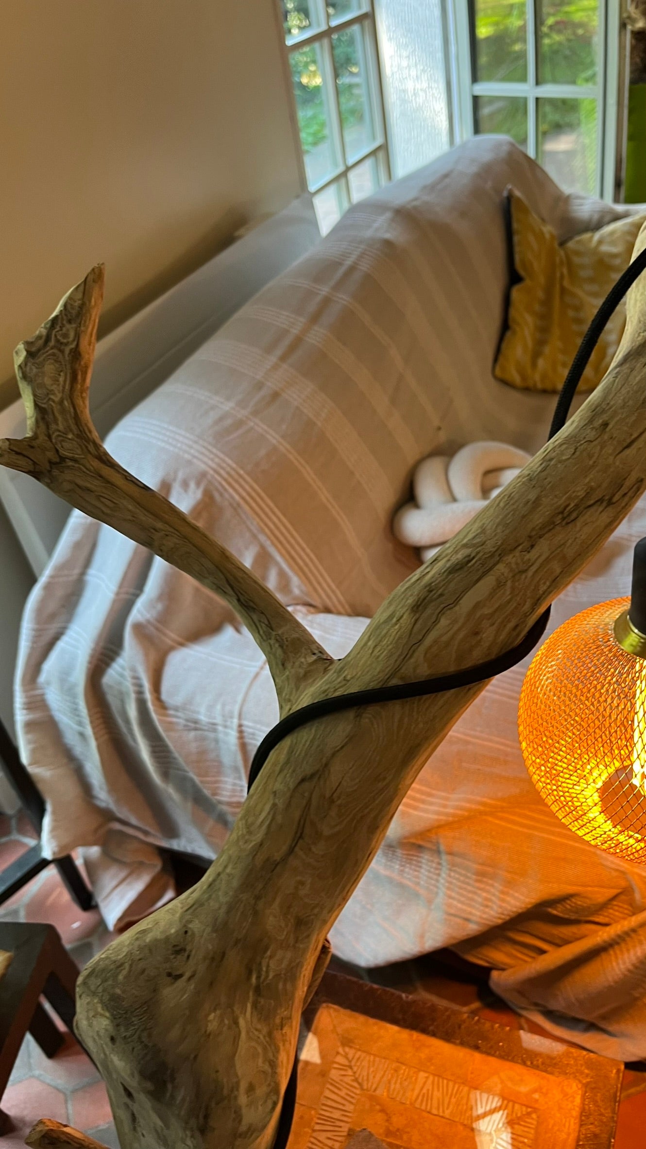 Lampe bois naturel - Ampoule globe mouchetée - Sculpture lumineuse organique - Fait main France