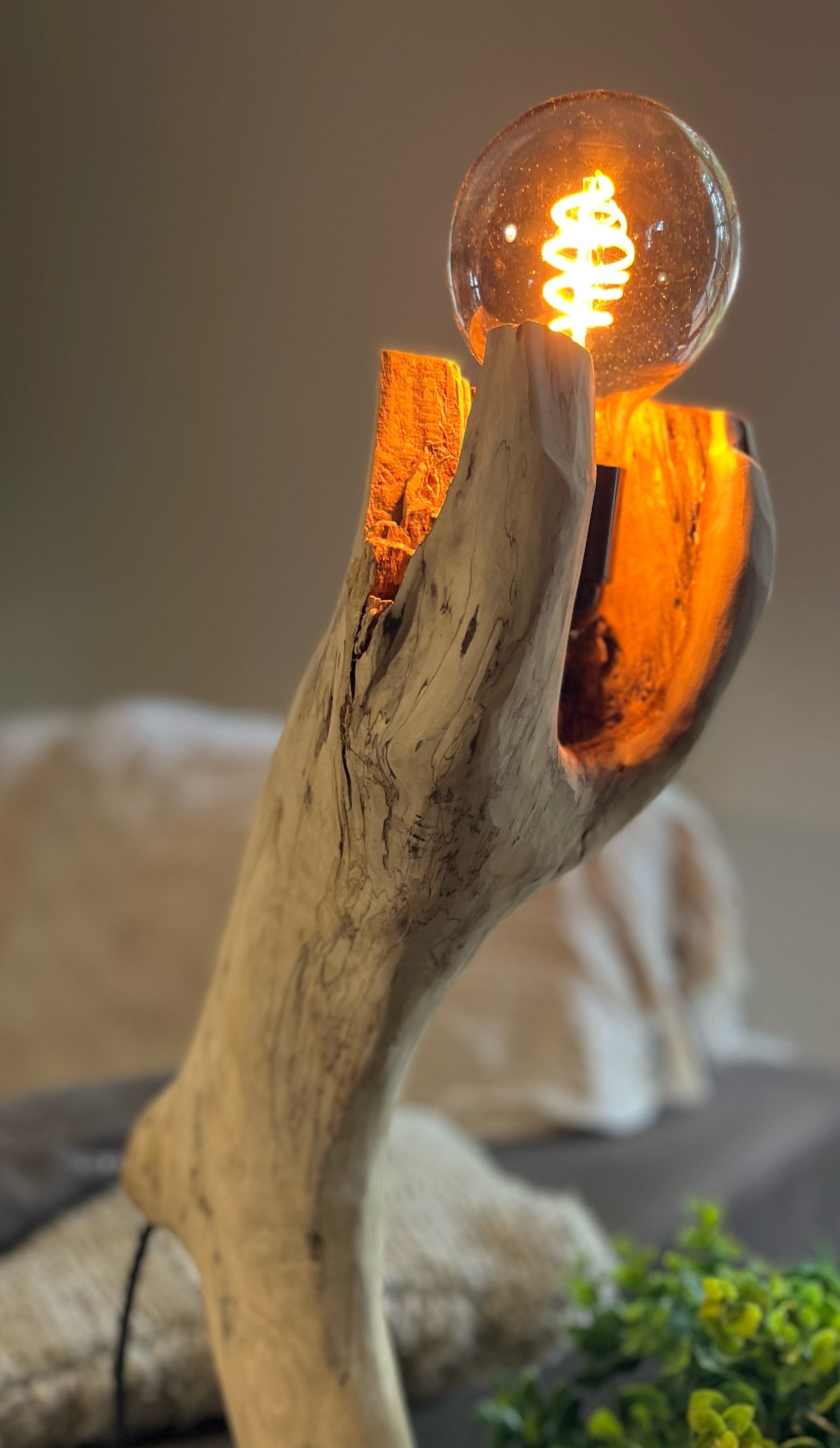 Lampe artisanale en bois naturel sculptural – Lampe à poser design organique – Pièce unique – Décoration nature