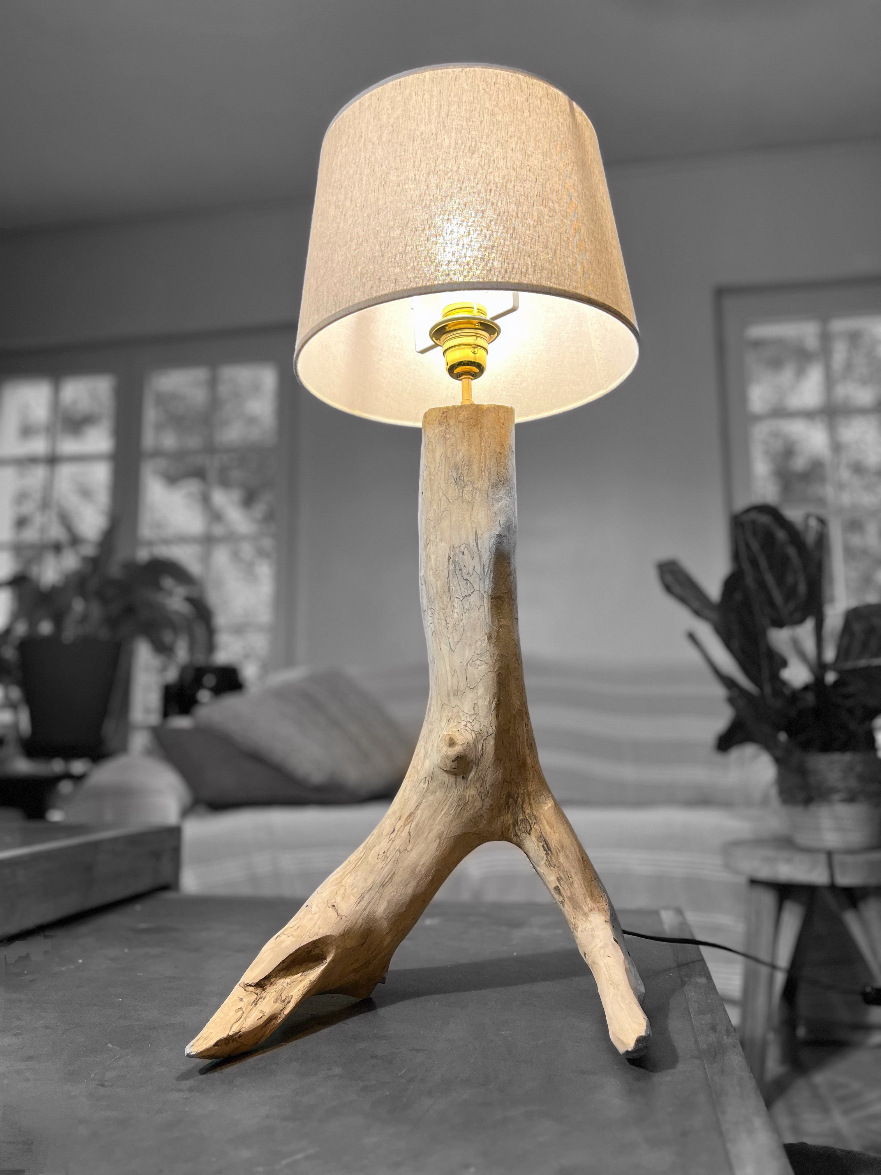 Lampe en bois naturel – Lampe à poser artisanale – Pied sculptural en bois – Décoration nature – Pièce unique